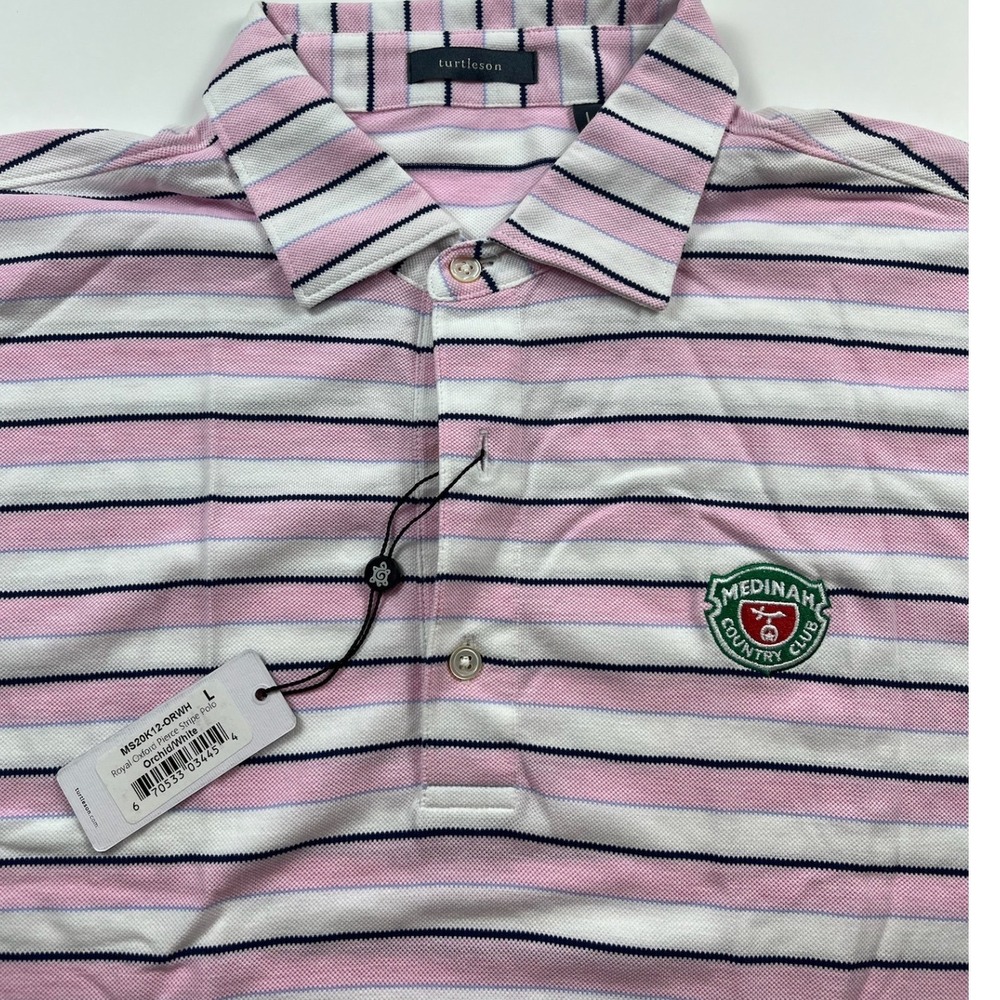 Turtleson Mens Royal Oxford Pink White Stripe Polo White Medinah Country Club